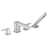 Chrome two-handle high arc roman tub faucet includes hand shower