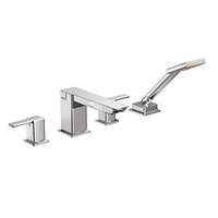 Chrome two-handle high arc roman tub faucet includes hand shower