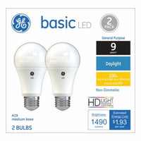 GE Lighting 37027 16 Watt E26 A19 Frosted Daylight LED Non-Dimmable Light Bulbs 2 Count