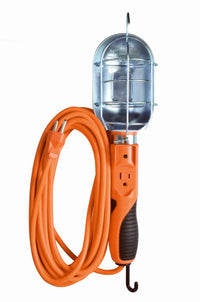 Trouble Work Light, Metal Guard & Outlet, 75-Watts, Orange, 25-Ft.