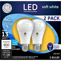 GE  A19  E26 (Medium)  LED Bulb  Soft White  60 Watt Equivalence 2 pk