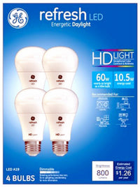 GE Lighting 42978 10.5 Watt E26 A19 Frosted Daylight LED Dimmable Refresh HD Light Bulbs 4 Count