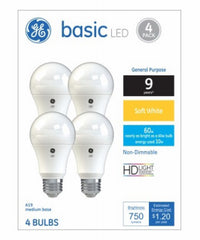 GE Lighting 36993 10 Watt E26 A19 Frosted Soft White LED Non-Dimmable Light Bulbs 4 Count