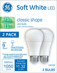 GE A19 E26 (Medium) LED Bulb Soft White 75 W 2 pk