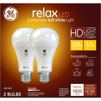 GE  Relax  A19  E26 (Medium)  LED Bulb  Soft White  100 Watt Equivalence 2 pk