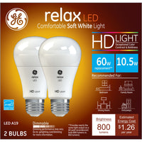 GE Relax A19 E26 (Medium) LED Bulb Soft White 60 Watt Equivalence 2 pk