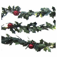 Green Holly Leaf Garland, 27 Warm White LED Lights, Green Wire, 9-Ft.