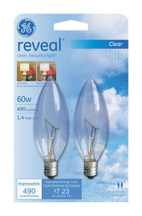 GE Reveal 60 watts B10 Decorative Incandescent Bulb E12 (Candelabra) Warm White 2 pk