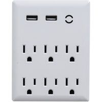 Wall Tap Surge Protector, 3-Outlet, 2-USB, White