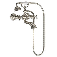 Brushed nickel two-handle tub filler includes hand shower