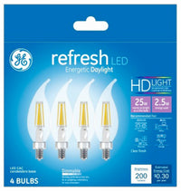 GE Lighting 45567 2.5 Watt E12 CAC Clear Daylight LED Dimmable Refresh HD Light Bulbs 4 Count