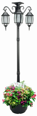 Solar Lamp Post & Planter, 3 Lights, Black, 6.5-Ft.