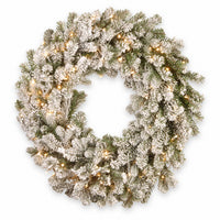 Feel Real Snowy Sheffield Spruce Artificial Wreath, 50 Warm White LED Lights, 24-Ft.