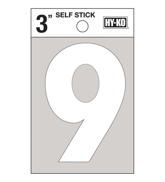 Hy-Ko 3 in. White Vinyl Number 9 Self-Adhesive 1 pc. (Pack of 10)