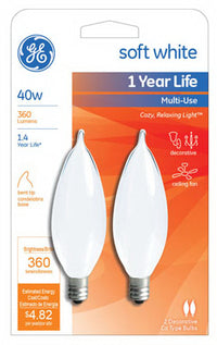 GE 40 watts CA10 Decorative Incandescent Bulb E12 (Candelabra) Soft White 2 pk (Pack of 4)