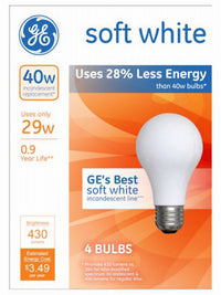 GE 29 watts A19 Halogen Light Bulb 430 lumens Soft White 4 pk Medium Base (E26) A-Line (Pack of 12)