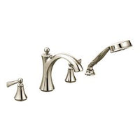 Polished nickel two-handle diverter roman tub faucet includes hand shower