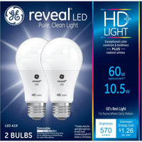 GE  Reveal  A19  E26 (Medium)  LED Bulb  Pure Clean Light  60 Watt Equivalence 2 pk