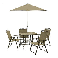 6-Pc. Patio Dining Set, 4 Folding Chairs, Table, Umbrella, Steel/Tan Fabric