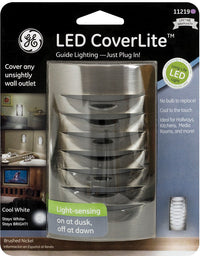 GE Jasco 11219 Brushed Nickel CoverLite™ Auto On & Off NIght Light                                                                                    