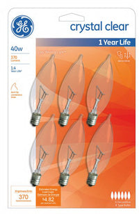 GE 40 watts CA10 Decorative Incandescent Bulb E12 (Candelabra) Soft White 6 pk (Pack of 5)