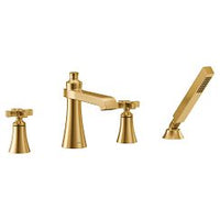 Brushed gold two-handle high arc roman tub faucet