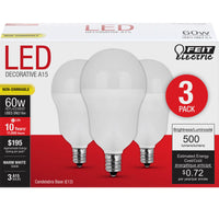 Feit Electric A15 E12 (Candelabra) LED Bulb Warm White 60 Watt Equivalence 3 pk