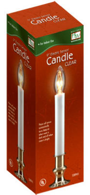 Christmas Candle, Sensor, Clear Flame, White/Brass, 9-In.