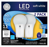 LED Bulb, A19, 800 Lumens, 10-Watt, 2-Pk.