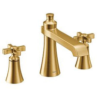 Brushed gold two-handle high arc roman tub faucet