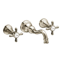 Polished nickel two-handle high arc wall mount bathroom faucet