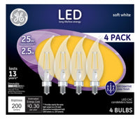 Decorative LED Light Bulbs, Candelabra Base, Soft White, Clear, 200 Lumens, 2.5-Watts, 4-Pk.