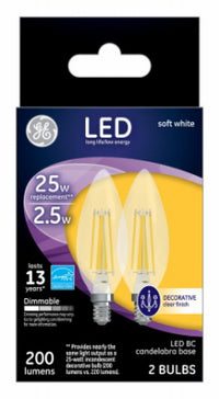 Decorative LED Light Bulbs, Candelabra Base, Soft White, Clear, 200 Lumens, 2.5-Watts, 2-Pk.