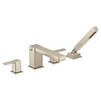 Brushed nickel two-handle high arc roman tub faucet includes hand shower