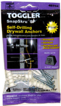 SnapSkru Self-Drilling Drywall Anchors, With Screw, 3/8-5/8-In., 4-Pk.