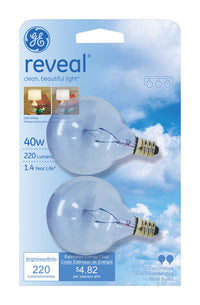 GE Reveal 40 W G16.5 Globe Incandescent Bulb E12 (Candelabra) Warm White 2 pk