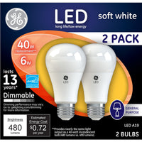 GE A19 E26 (Medium) LED Bulb Soft White 40 Watt Equivalence 2 pk