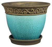 Urn Planter With Saucer, Cadiz/Teal, Ceramic, 6-In. (Pack of 2)