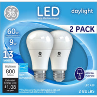 GE  A19  E26 (Medium)  LED Bulb  Daylight  60 Watt Equivalence 2 pk