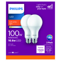 Philips A21 E26 (Medium) LED Bulb Soft White 100 Watt Equivalence 2 pk