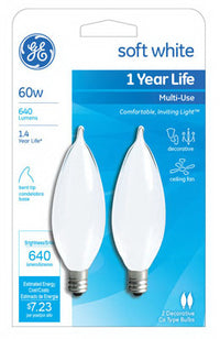 GE 60 watts CA Decorative Incandescent Bulb E12 (Candelabra) Soft White 2 pk (Pack of 4)