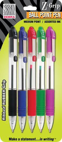 Zebra 22205 1.0mm Z Grip Retractable Ballpoint Pen Assorted Colors 5 Ct