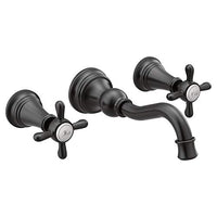 Matte black two-handle high arc wall mount bathroom faucet