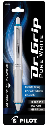 Pilot 36208 Medium Pure White Dr. Grip Ballpoint Pen With Black Ink (Pack of 6)