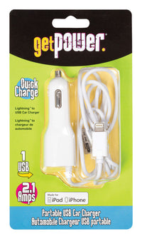 Get Power  3 ft. L USB Car Charger  1 pk