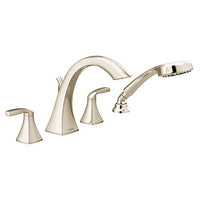 Polished nickel two-handle high arc roman tub faucet includes hand shower